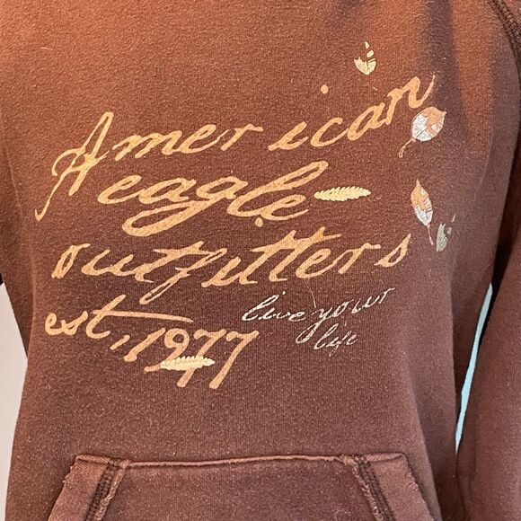 American Eagle Graphic Hoodie Sweatshirt Brown Fleece Long Sleeve Pull-Over M - Picture 4 of 10